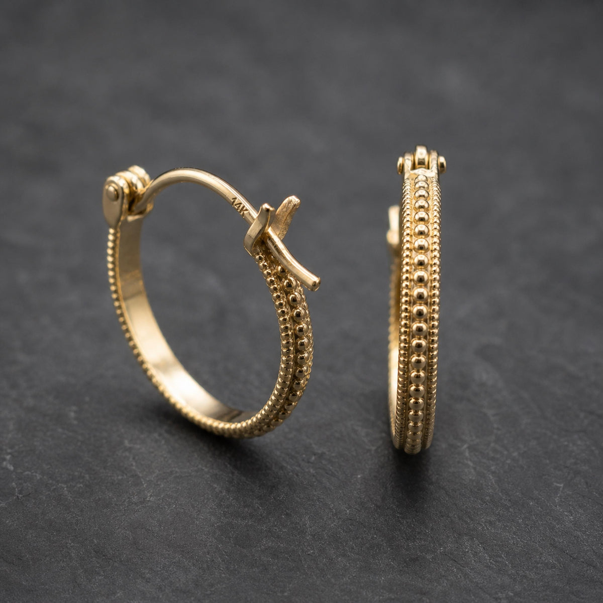 14k Gold Beaded Hoop Earrings · 12mm Solid Gold Granulated Milgrain Hoops