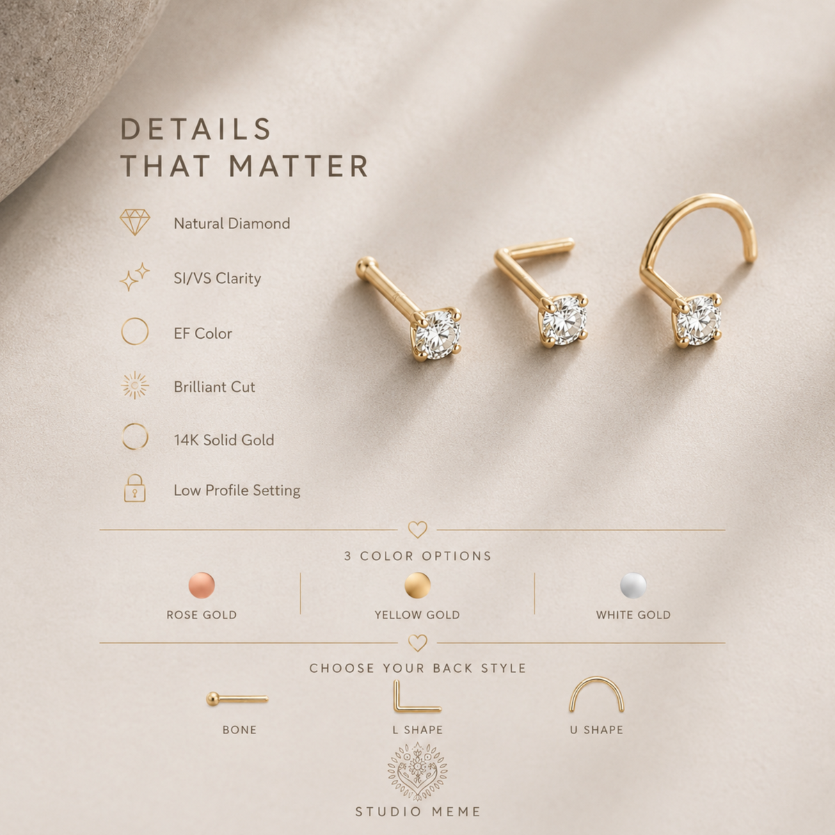 three gold earrings with diamonds, each with different color options and back styles, along with a list of details that matter.
