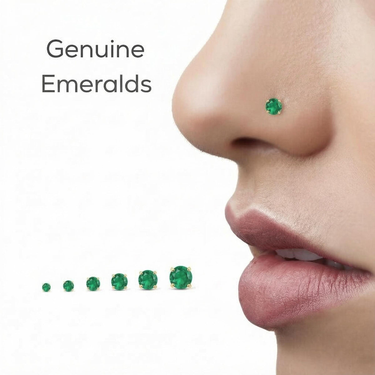 a close-up of a person's nose with a nose stud made of genuine emeralds.