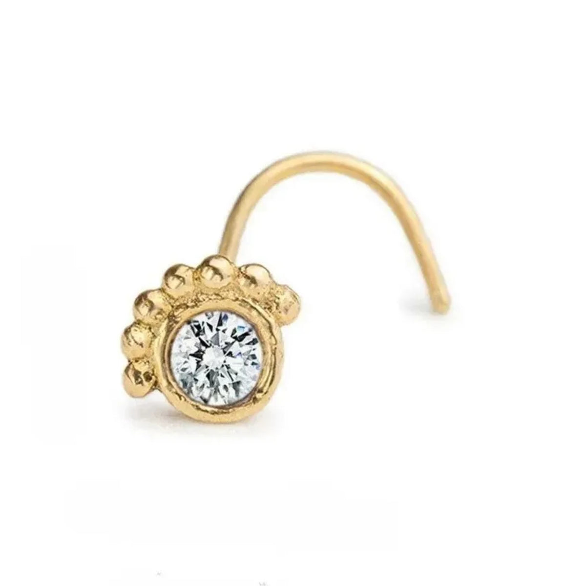 a gold nose stud with a diamond in the center, accompanied by measurements indicating the size of the nose stud in millimeters.