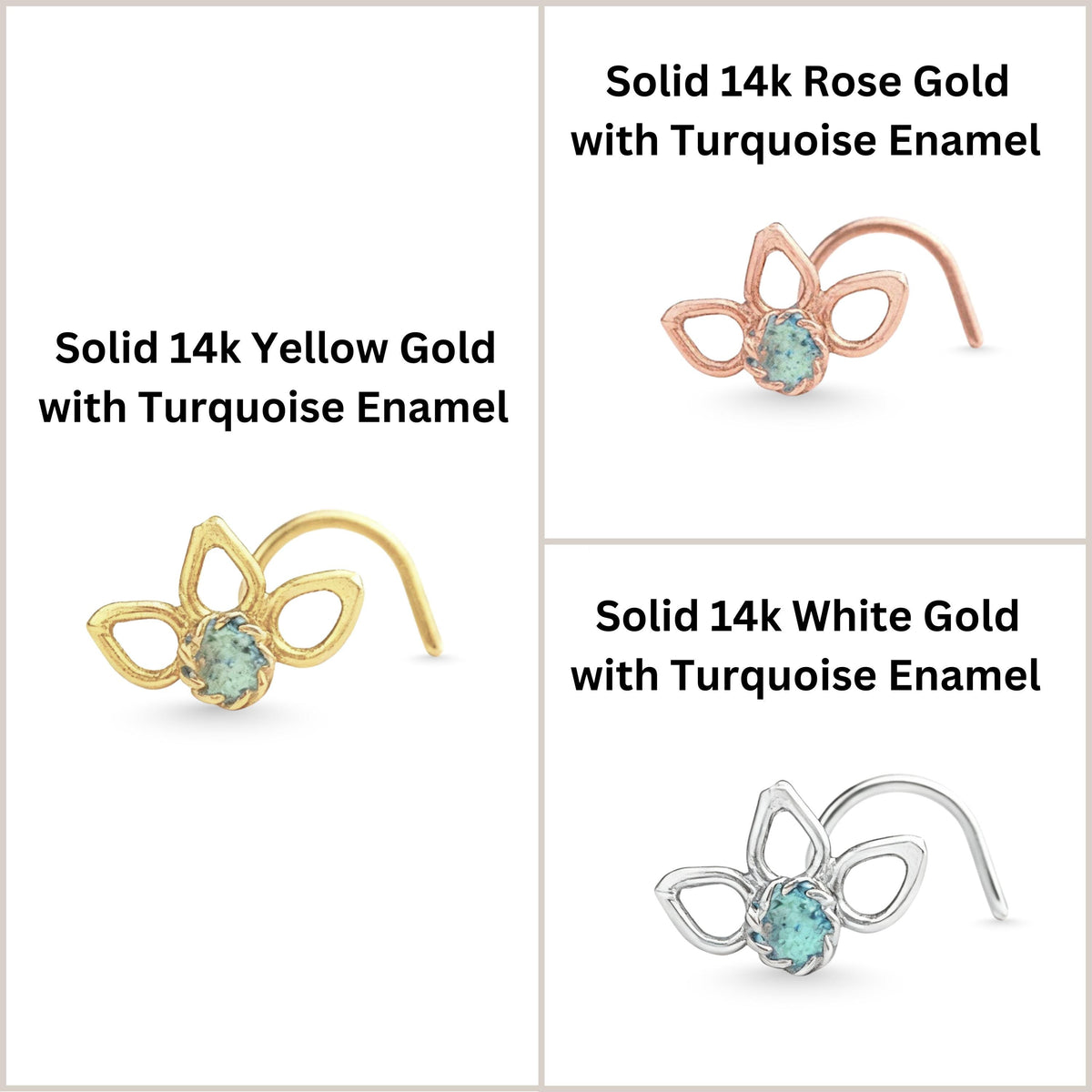 Three different nose piercings, each with a unique design and color of gold, with turquoise enamel.