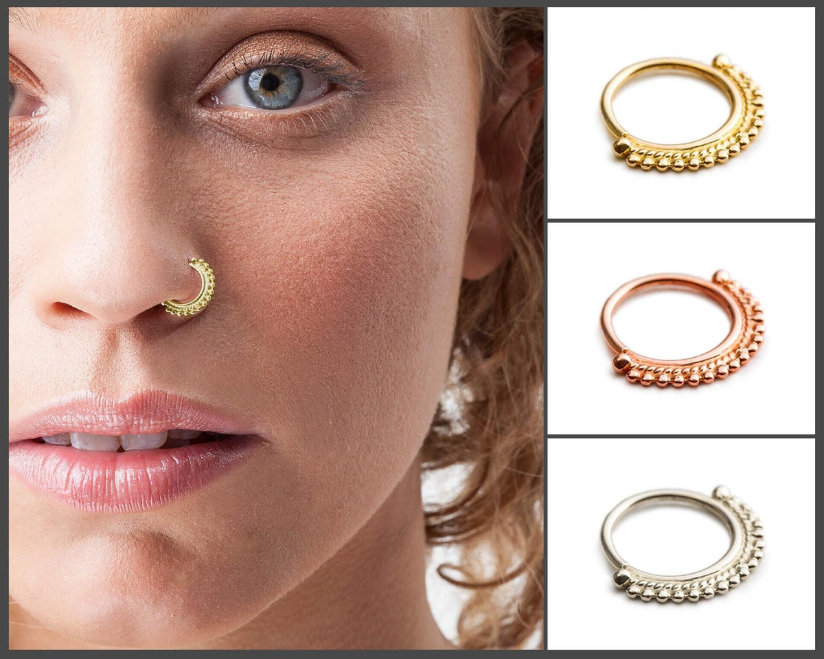 A collage of three images showing different nose ring designs, including a gold nose ring, a copper nose ring, and a silver nose ring with a decorative element.