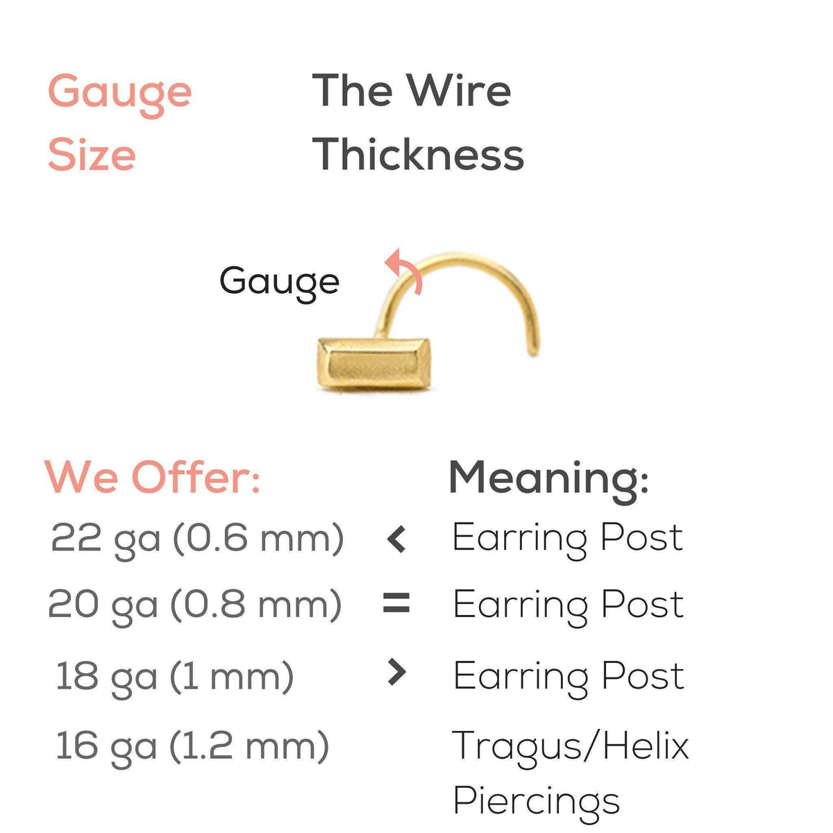 The image provides a visual guide to gauge sizes and their corresponding thicknesses for earrings, with a focus on the wire thickness.