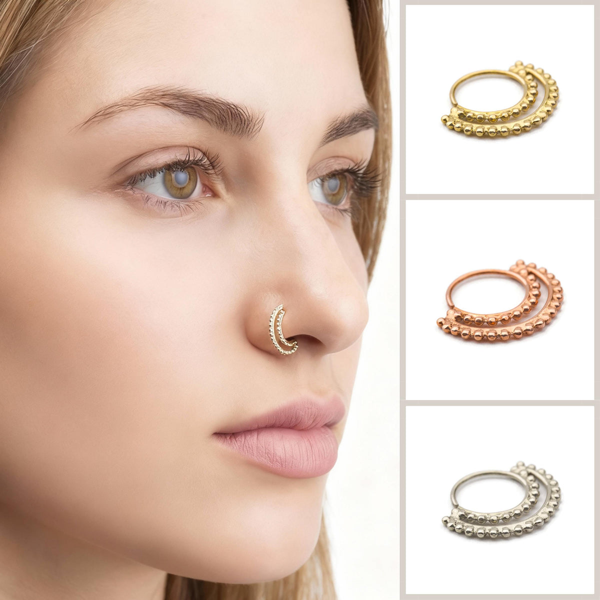 A close-up of a woman's face with a nose ring, showcasing different designs of nose rings.