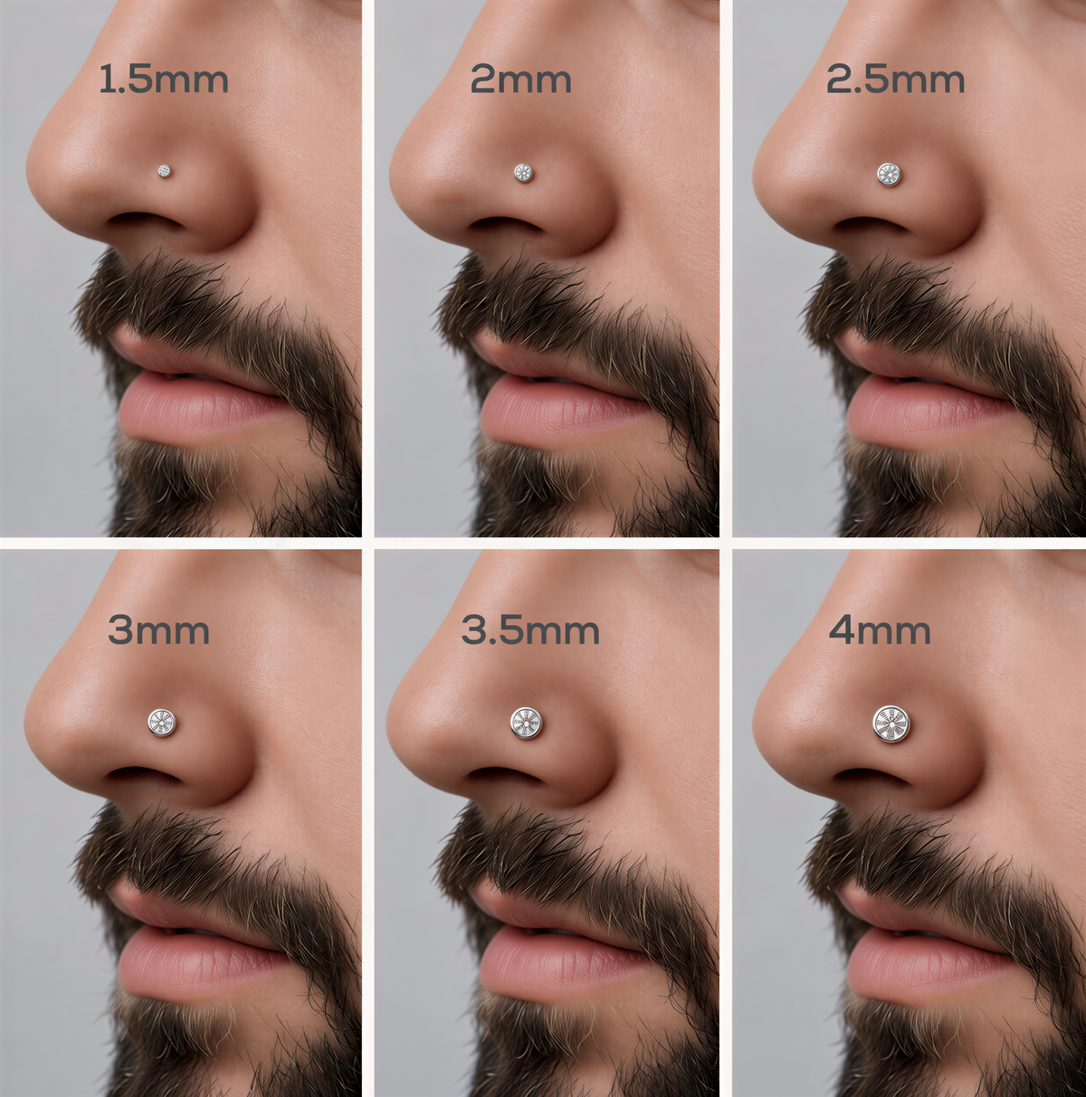 The image is a collage of six close-up shots of a man's nose, each showing a different size of nose stud or nose ring. The images are labeled with the corresponding size in millimeters, ranging from 1.5mm to 5mm.