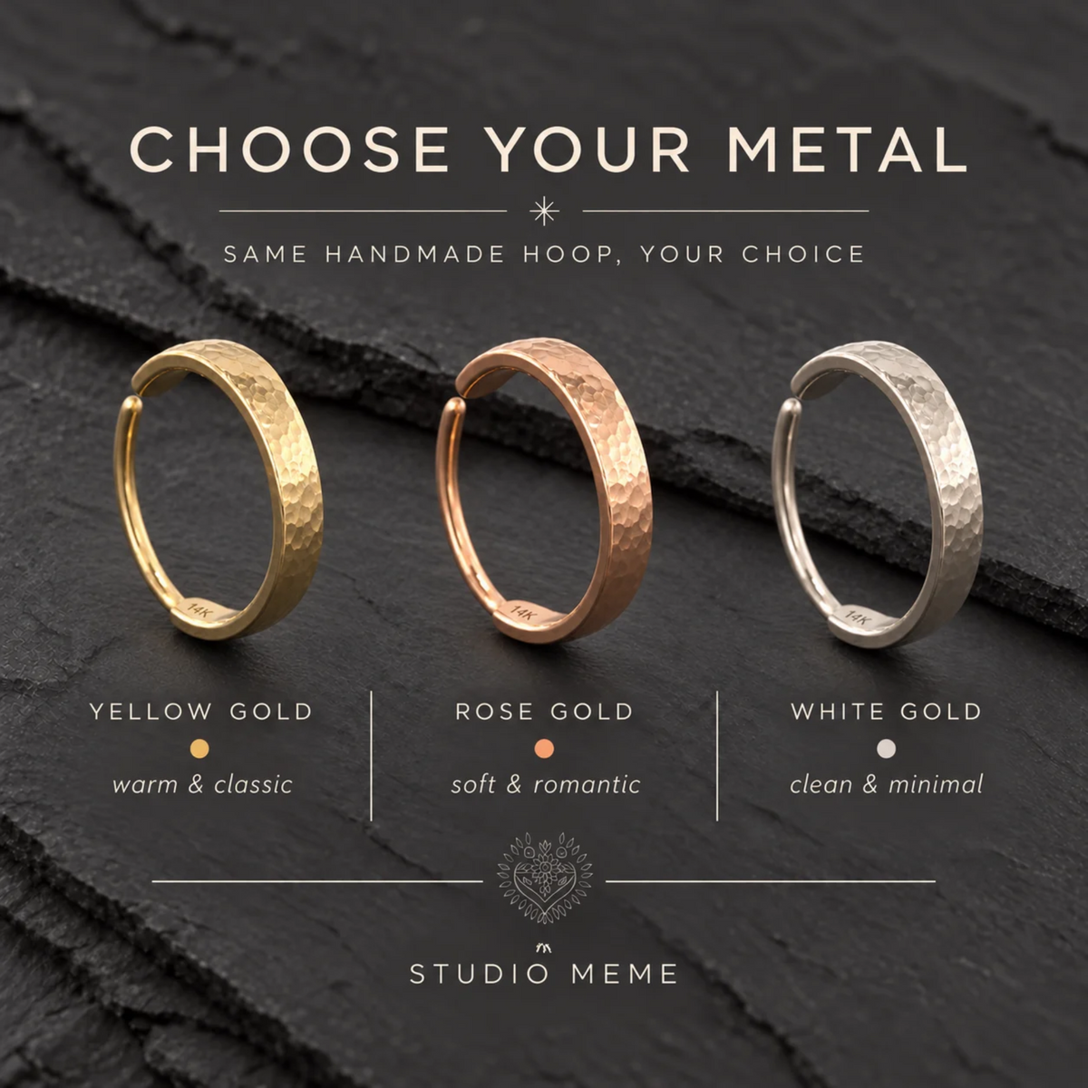 three rings of different colors and materials, each with a description of the ring's characteristics.