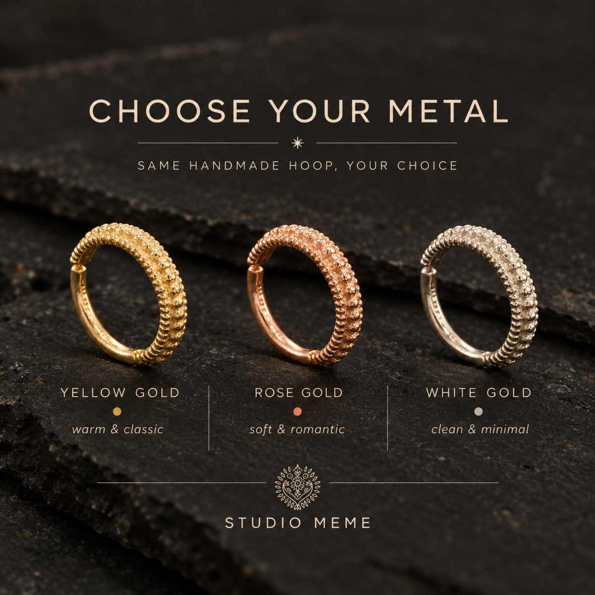 three rings of different colors and materials, each with a unique design and description.