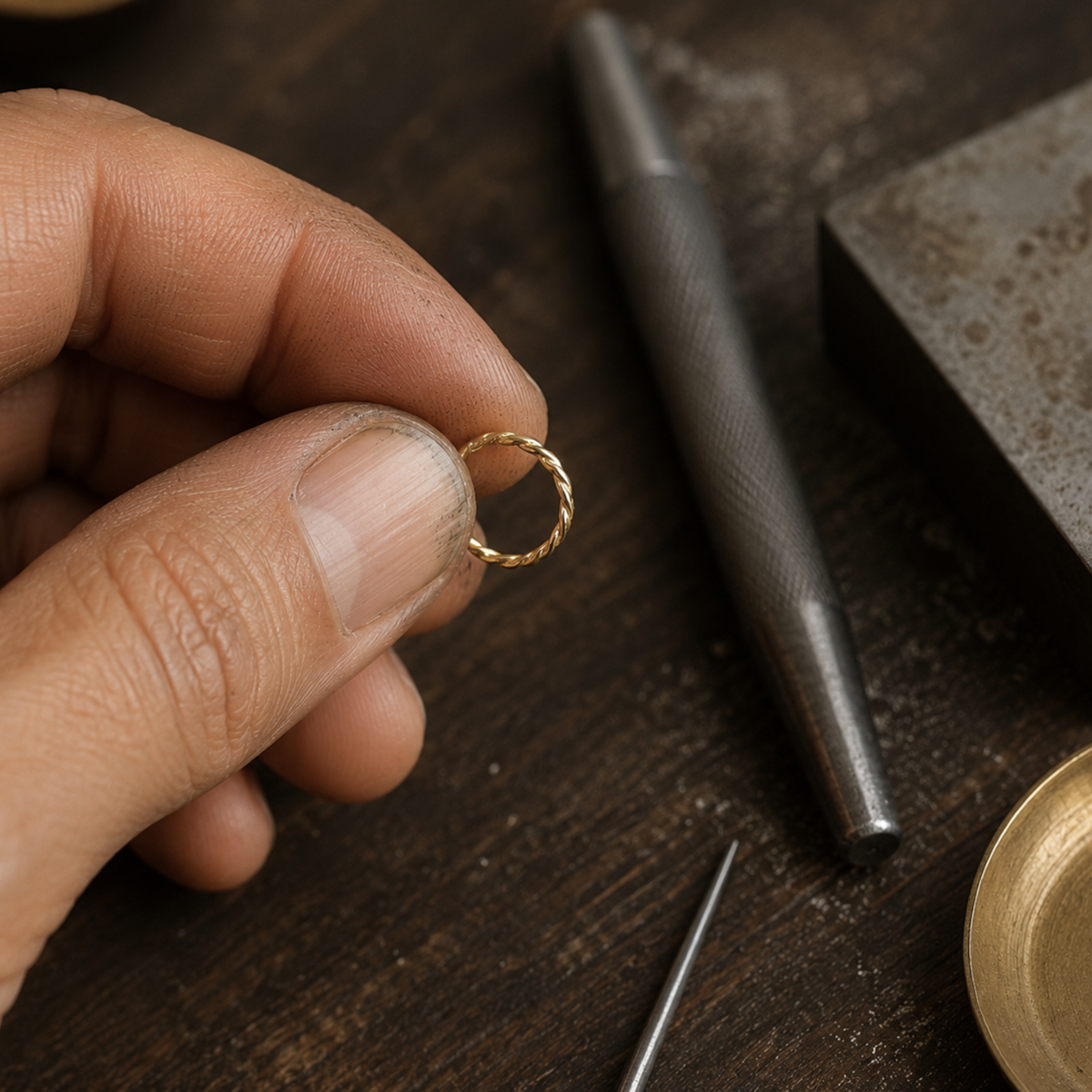 A hand holding a small gold ring on a wooden surface, with various tools and materials visible in the background.