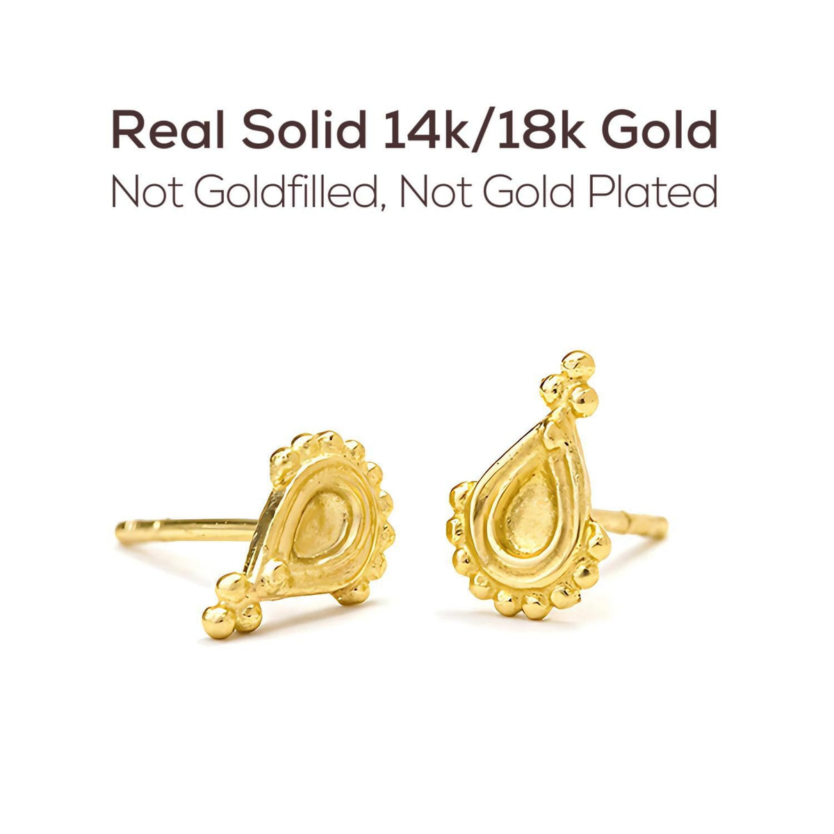 Boho 14k Gold Stud Earrings: two gold earrings with intricate designs, placed against a white background.