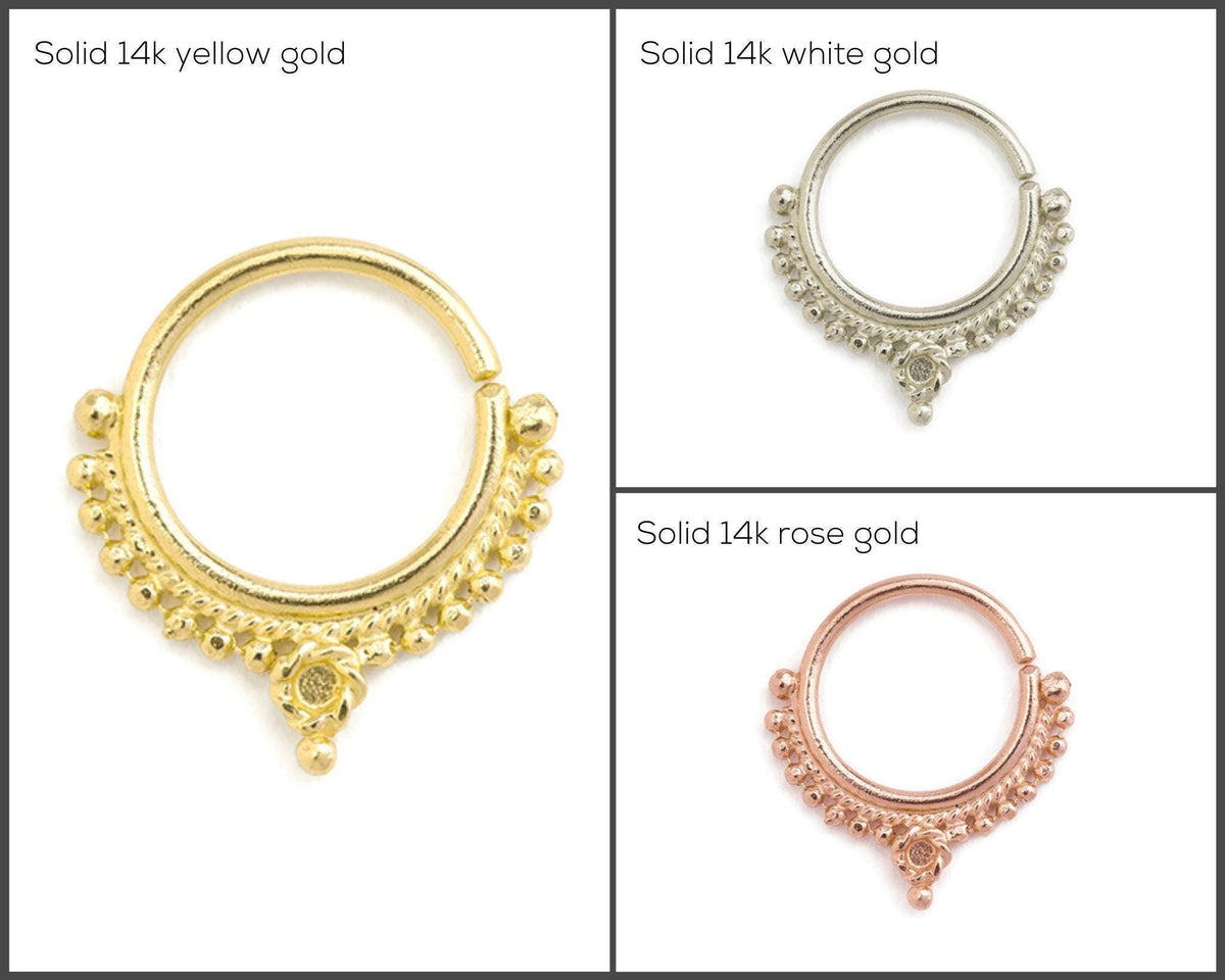three different types of nose rings made of 14k yellow gold, 14k white gold, and 14k rose gold, each with a unique design and color.