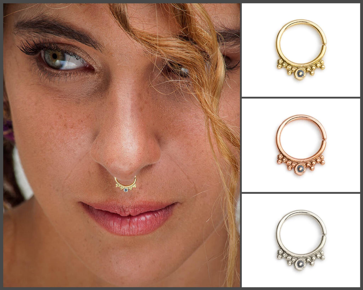 A close-up of a woman's face with a nose ring, accompanied by three different types of nose ring designs.