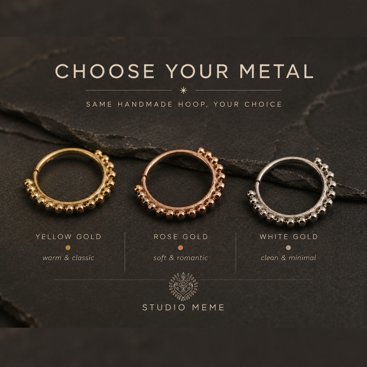 three rings of different metal types, each with a unique design and color, arranged on a dark background.