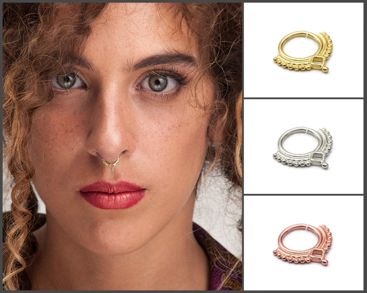 A close-up portrait of a woman with curly hair and a nose piercing, accompanied by three images of different nose ring designs.
