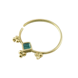 The image is a collage of three photos showcasing different types of 14k gold jewelry, including a ring with a green gemstone and two other pieces with rose gold and 14k white gold accents.