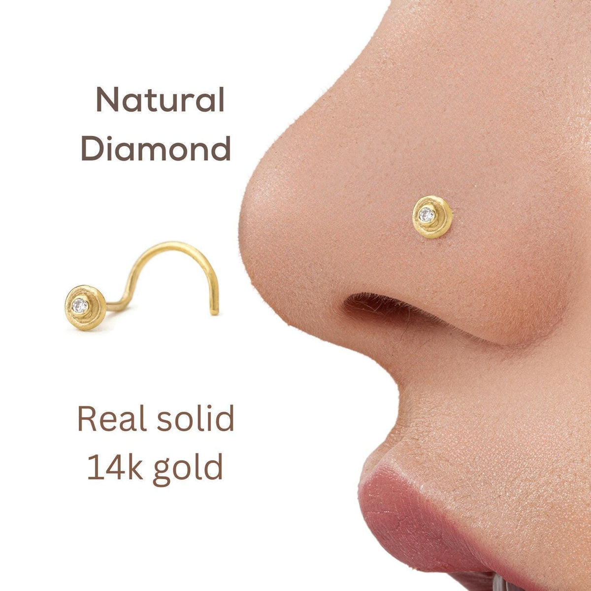 a close-up of a person's nose with a gold nose ring and a caption describing the nose ring as a "Natural Diamond" and "Real solid 14k gold".