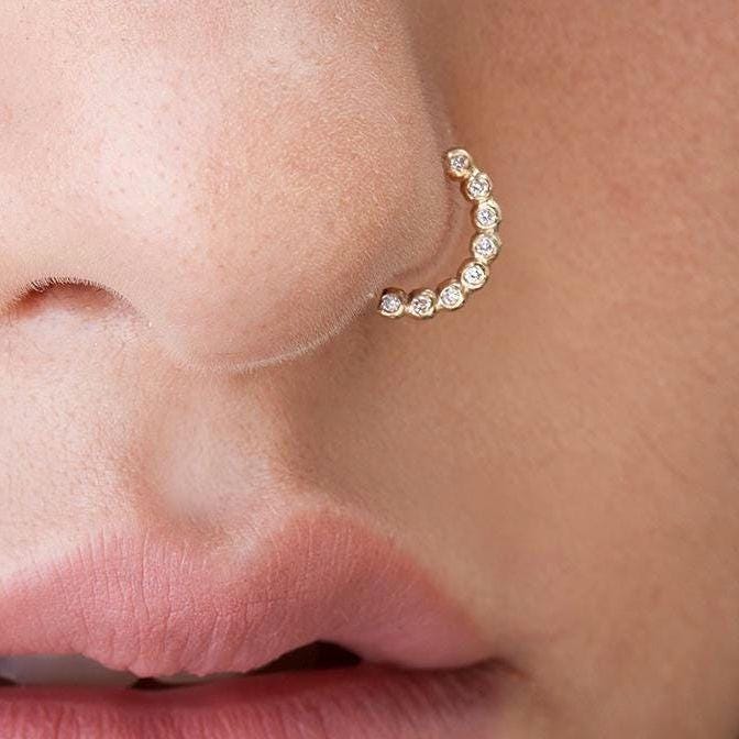 Diamond Nose Ring - Solid 14K Gold Hoop With Bezel Set Diamonds, Dainty Jewelry