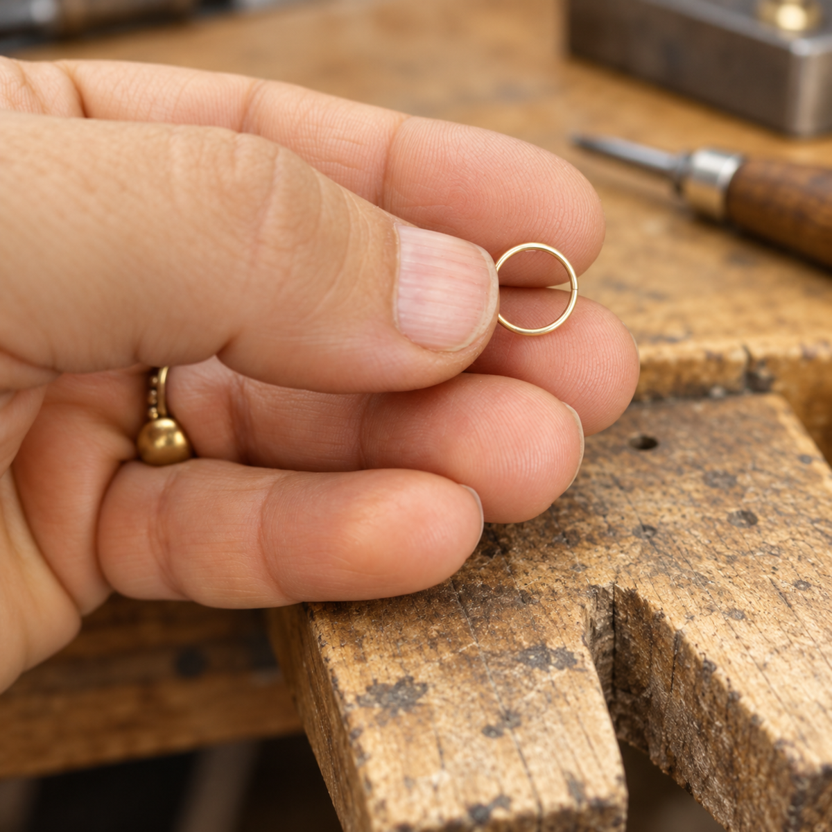 A hand holding a small gold ring on a wooden surface, with a tool visible in the background.