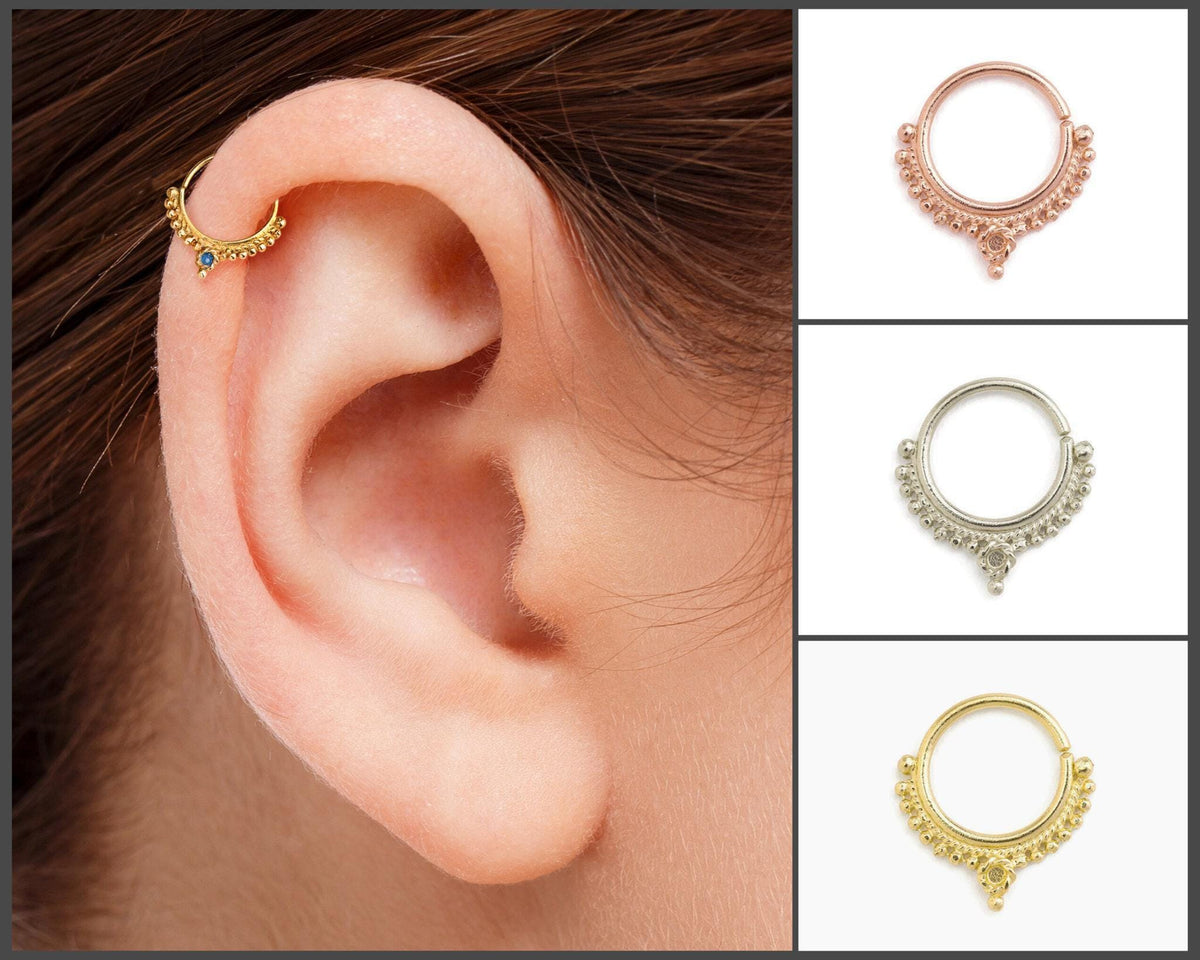 A close-up of a person's ear with a gold-colored earring, and three images of different types of earrings in various colors and designs.