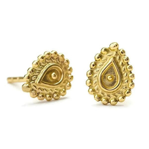 14k Gold Stud Earrings: two gold earrings with intricate designs, including a tear-shaped design with a small eye in the center.