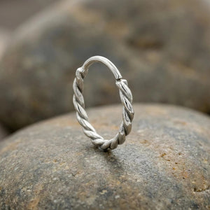 Nose Ring: A silver ring with a twisted design sits on a rock.