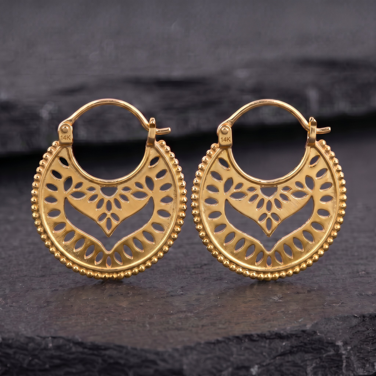 Solid 14k Gold Mandala Hoop Earrings — Boho Filigree