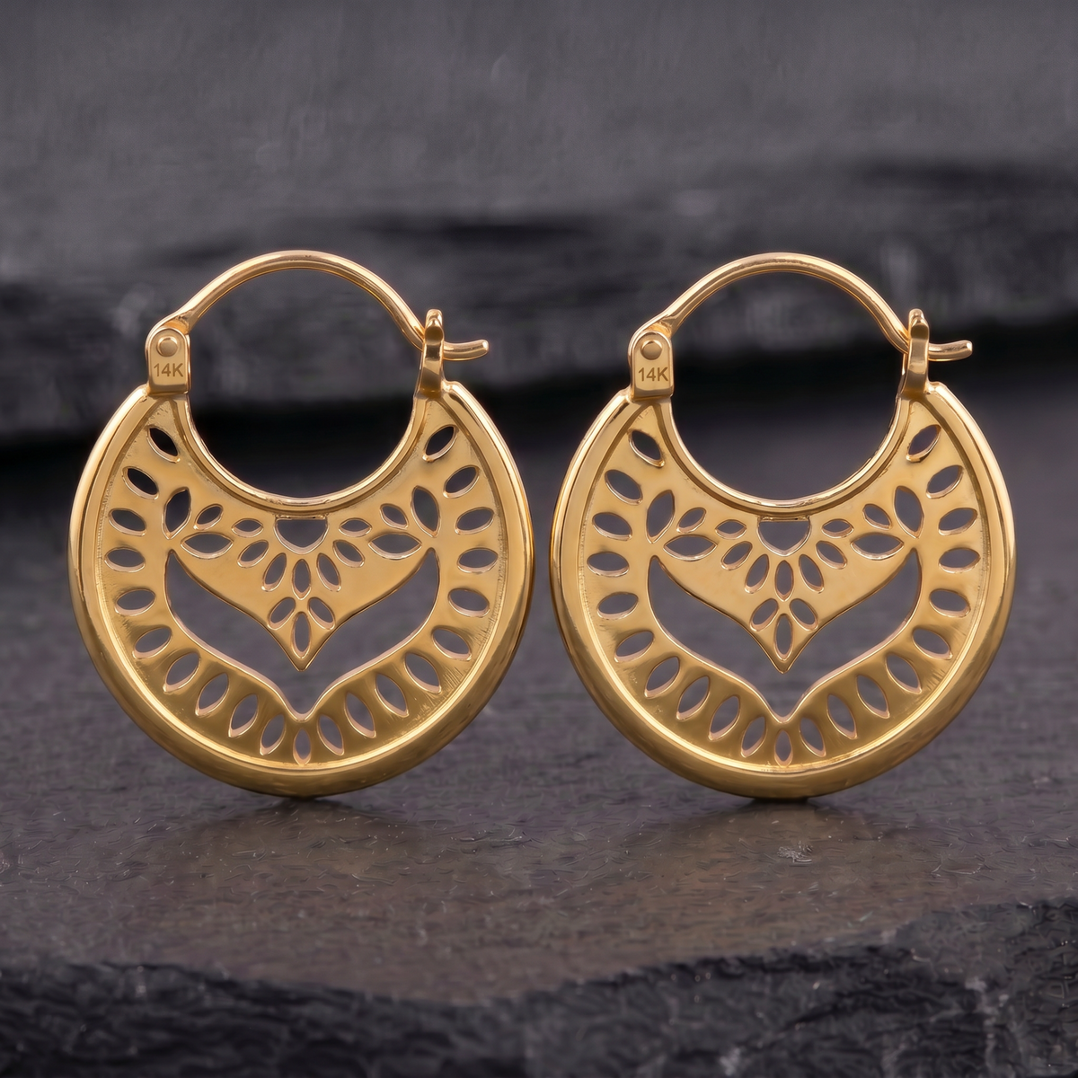 Solid 14k Gold Mandala Hoop Earrings — Boho Filigree Statement