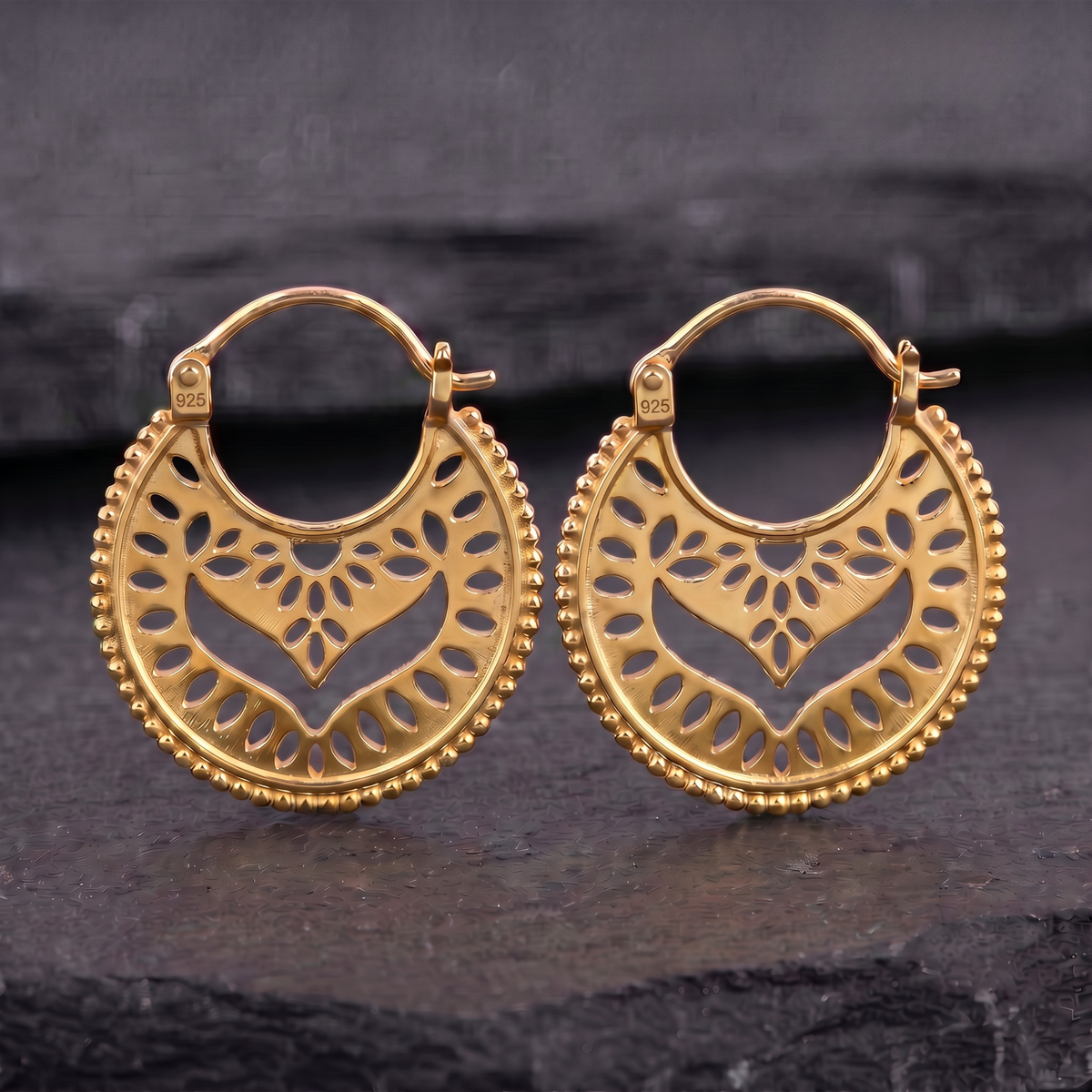 Gold Boho Mandala Hoop Earrings — Vermeil