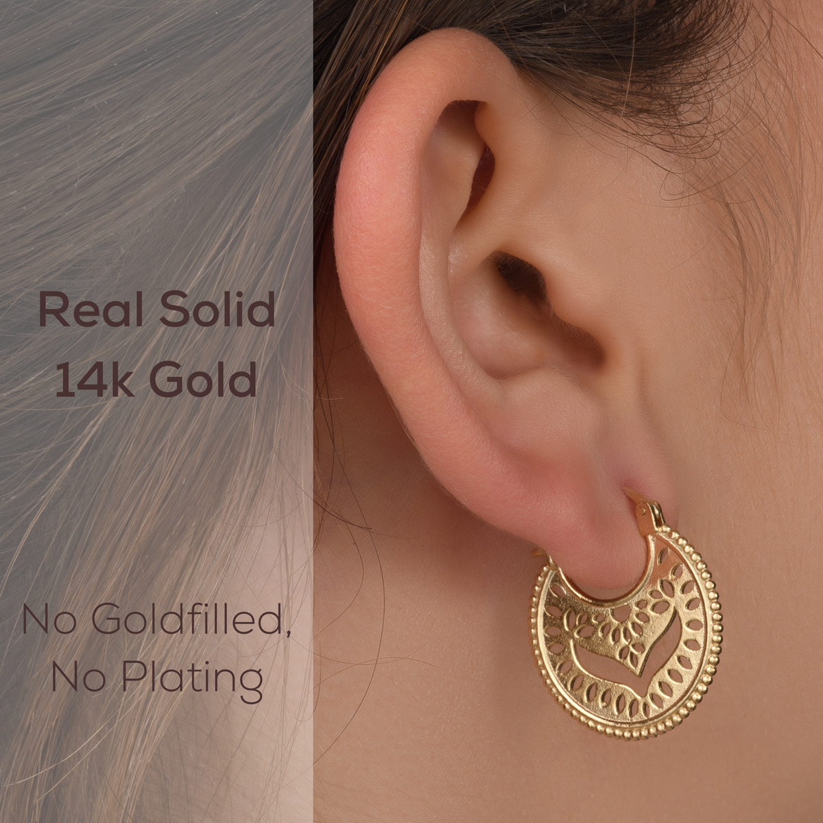 Solid 14k Gold Mandala Hoop Earrings — Boho Filigree