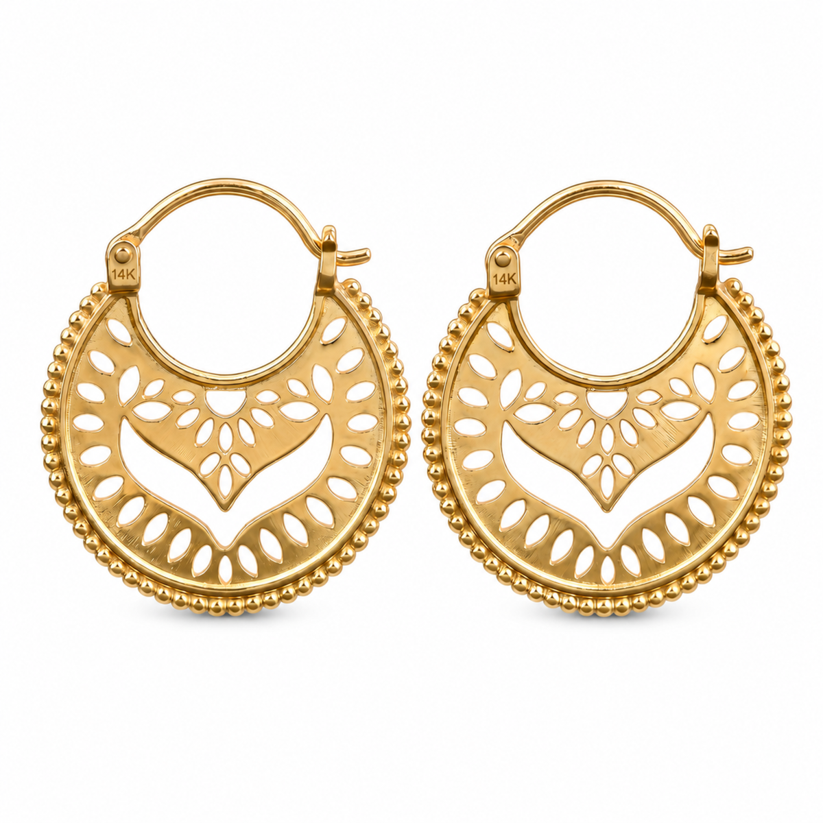 Solid 14k Gold Mandala Hoop Earrings — Boho Filigree