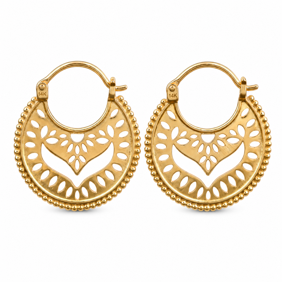 Solid 14k Gold Mandala Hoop Earrings — Boho Filigree Statement