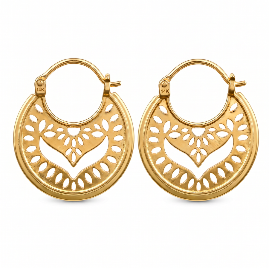 Solid 14k Gold Mandala Hoop Earrings — Boho Filigree Statement