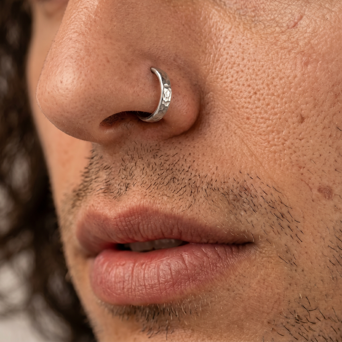 Silver Nose Ring for Men · Hammered Men's Nose Hoop