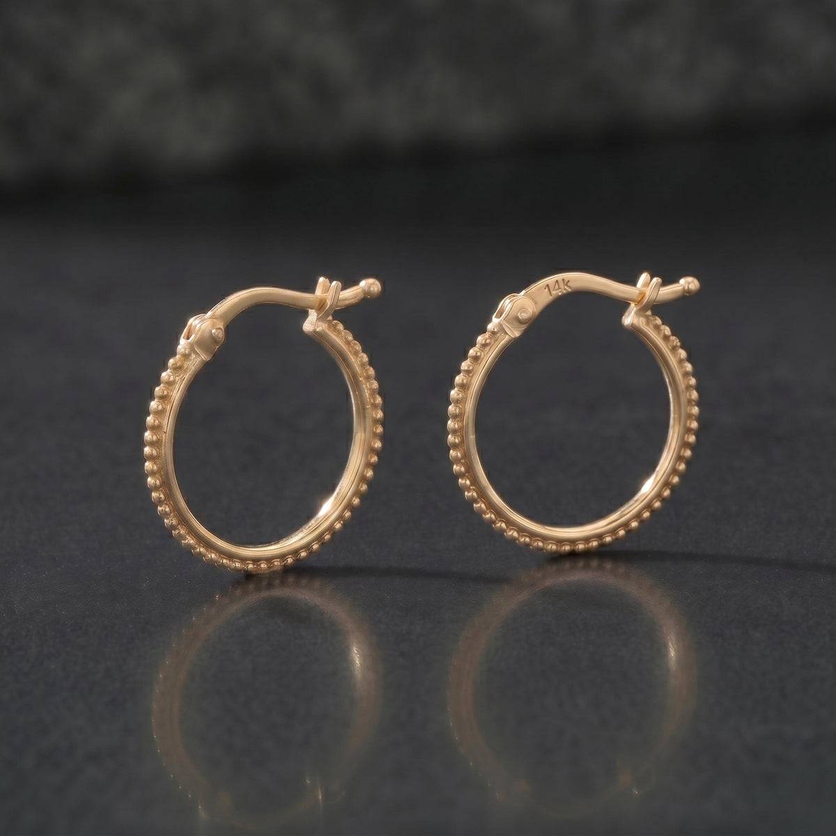 Small 14k Gold Hoop Earrings - 12mm Solid Gold Beaded Mini Hoops