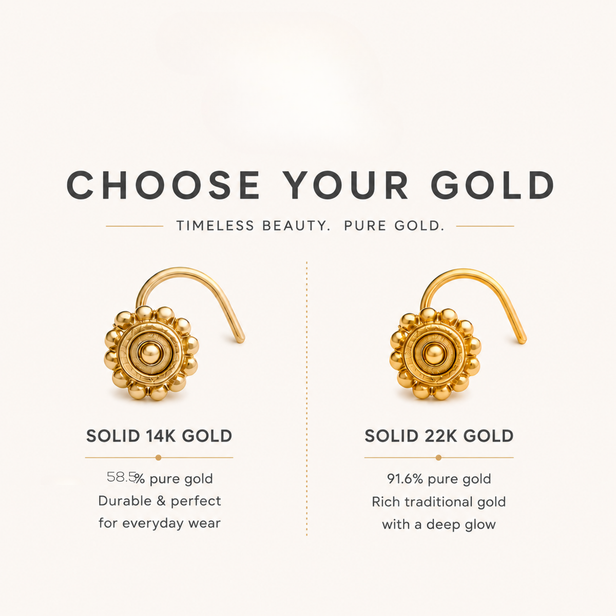two types of gold nose piercings, solid 14k gold and solid 22k gold, with a comparison of their characteristics and uses.