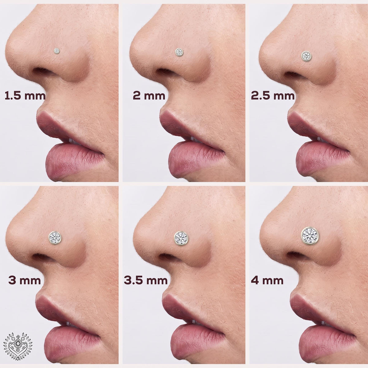 The image is a collage of six images showing the size of nose piercings in millimeters, ranging from 1.5 to 4.