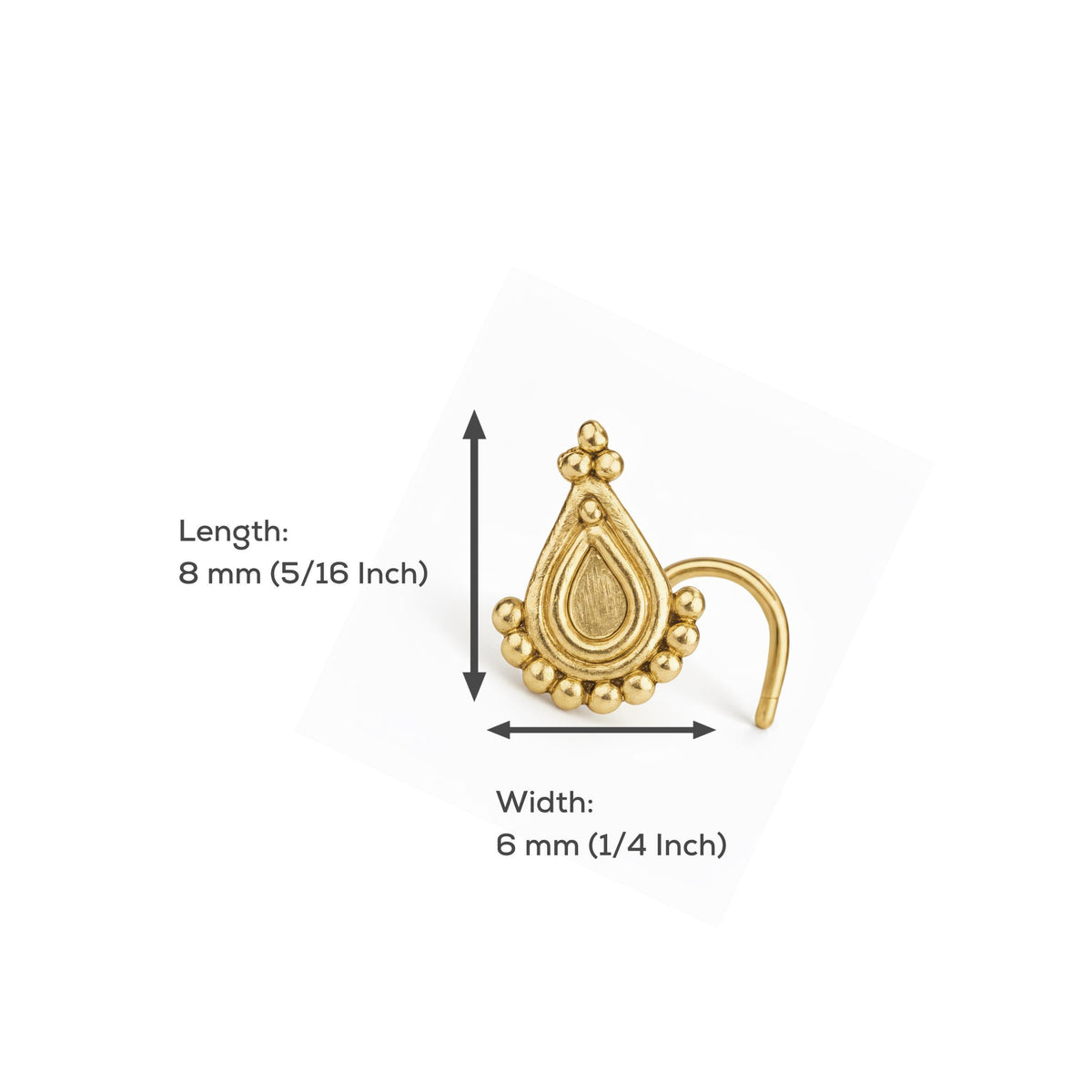 a gold-colored nose stud with a teardrop-shaped design and small beads around it, along with measurements indicating the length and width of the nose stud.