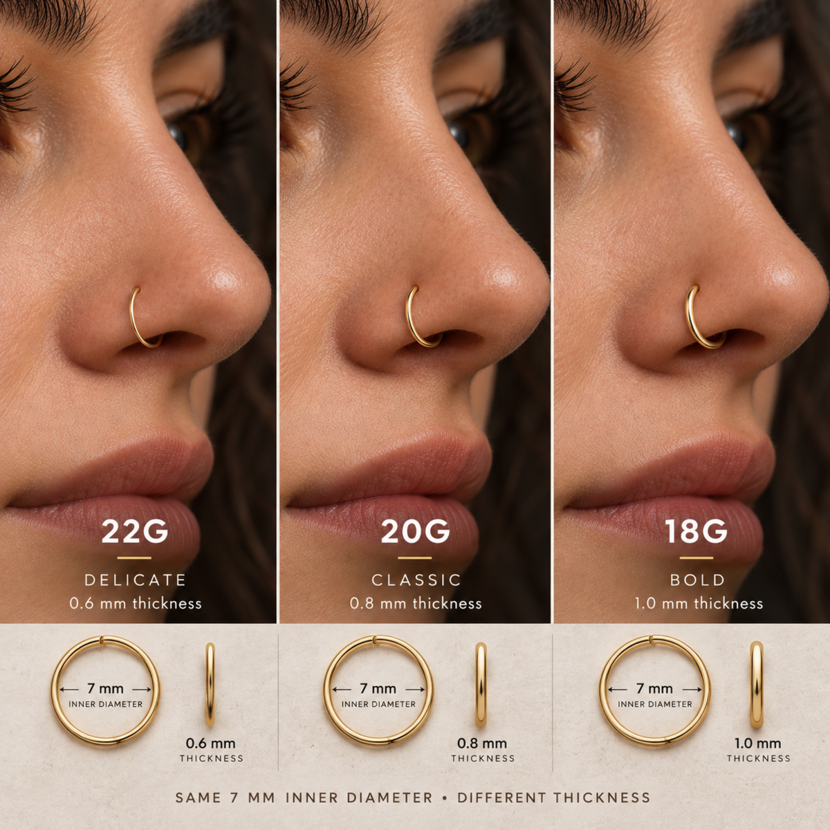 The image is a collage of three photos showing different nose ring sizes, ranging from 22G to 18G, with corresponding inner diameter measurements.