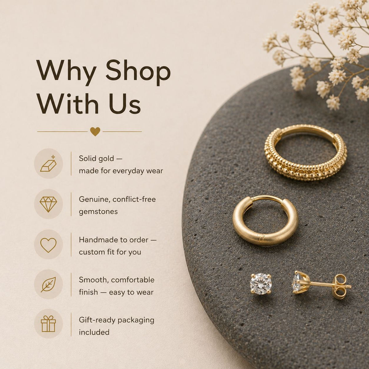 a collection of jewelry, including earrings and a ring, arranged on a gray stone surface. The text above the image provides information about the jewelry, highlighting its features such as solid gold, genuine, conflict-free gemstones, handmade to order, custom fit, smooth, comfortable finish, and gift-ready packaging.