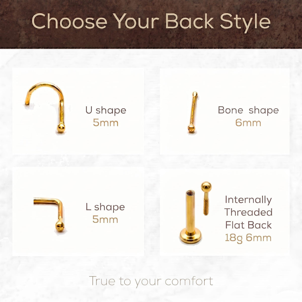 various types of nose pier styles, including a U shape, bone shape, L shape, and an Internally Threaded Flat Back. Each style has a different size, ranging from 5mm to 18g. The image is a collage of four images, and the text encourages the viewer to choose their preferred style based on their comfort.