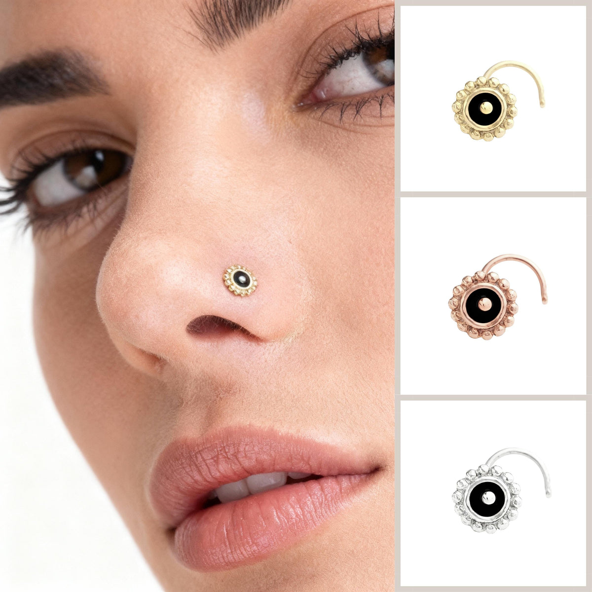 A close-up of a woman's face, focusing on her nose and lips, with three different nose and lip jewelry pieces displayed in the collage.
