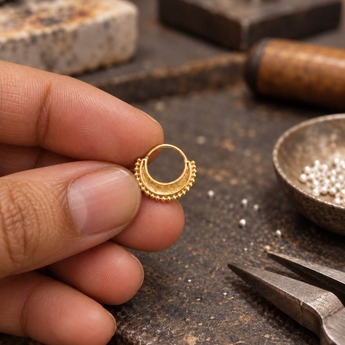 A hand holding a small gold-colored earring with a decorative design on it, surrounded by jewelry-making tools and materials on a workbench.