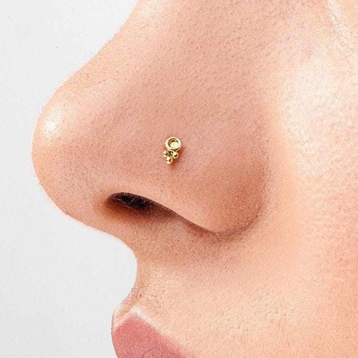 Gold Nose Stud: A close-up of a person's nose with a small gold-colored nose ring or stud.