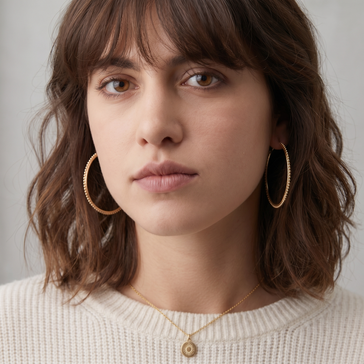 A close-up portrait of a woman with brown hair and large hoop earrings, wearing a white sweater.