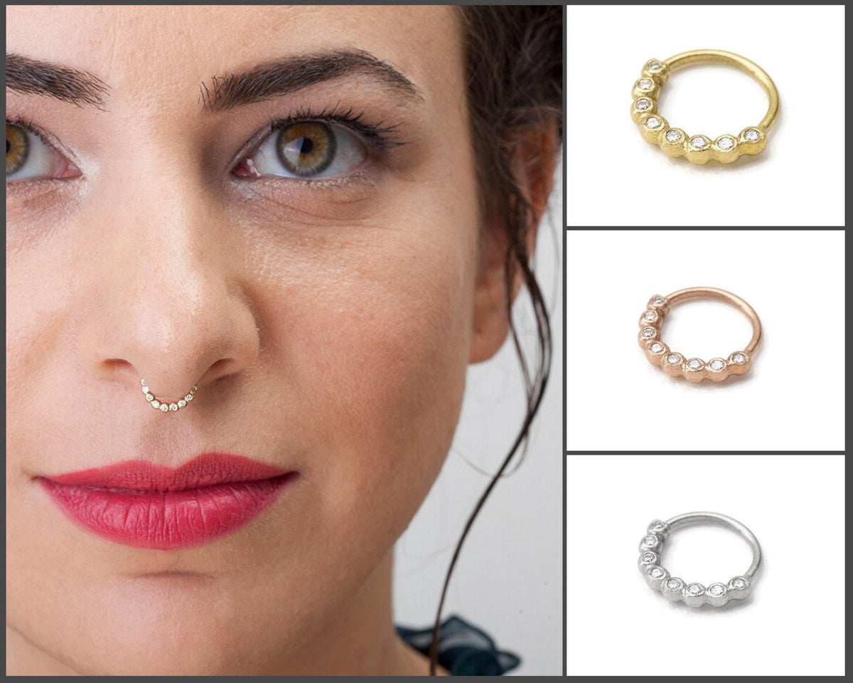 A collage of four images featuring a woman's face with a nose ring, showcasing different designs and colors of nose rings.