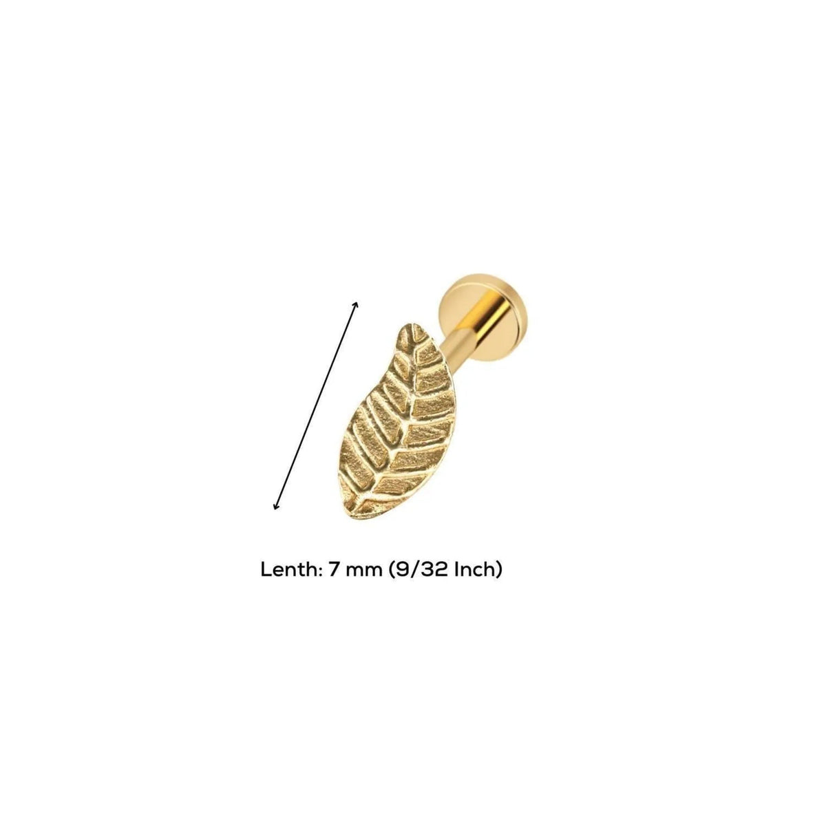 A gold-colored leaf-shaped earring with a 7 mm (9/32 inch) length, as indicated in the text.
