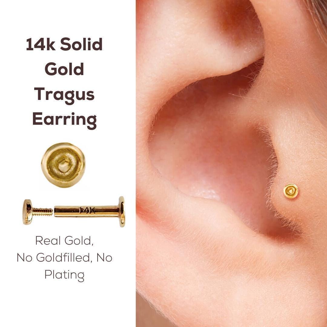 Tragus Earring: a 14k gold tragus earring with a real gold, unpolished, and no plating design.
