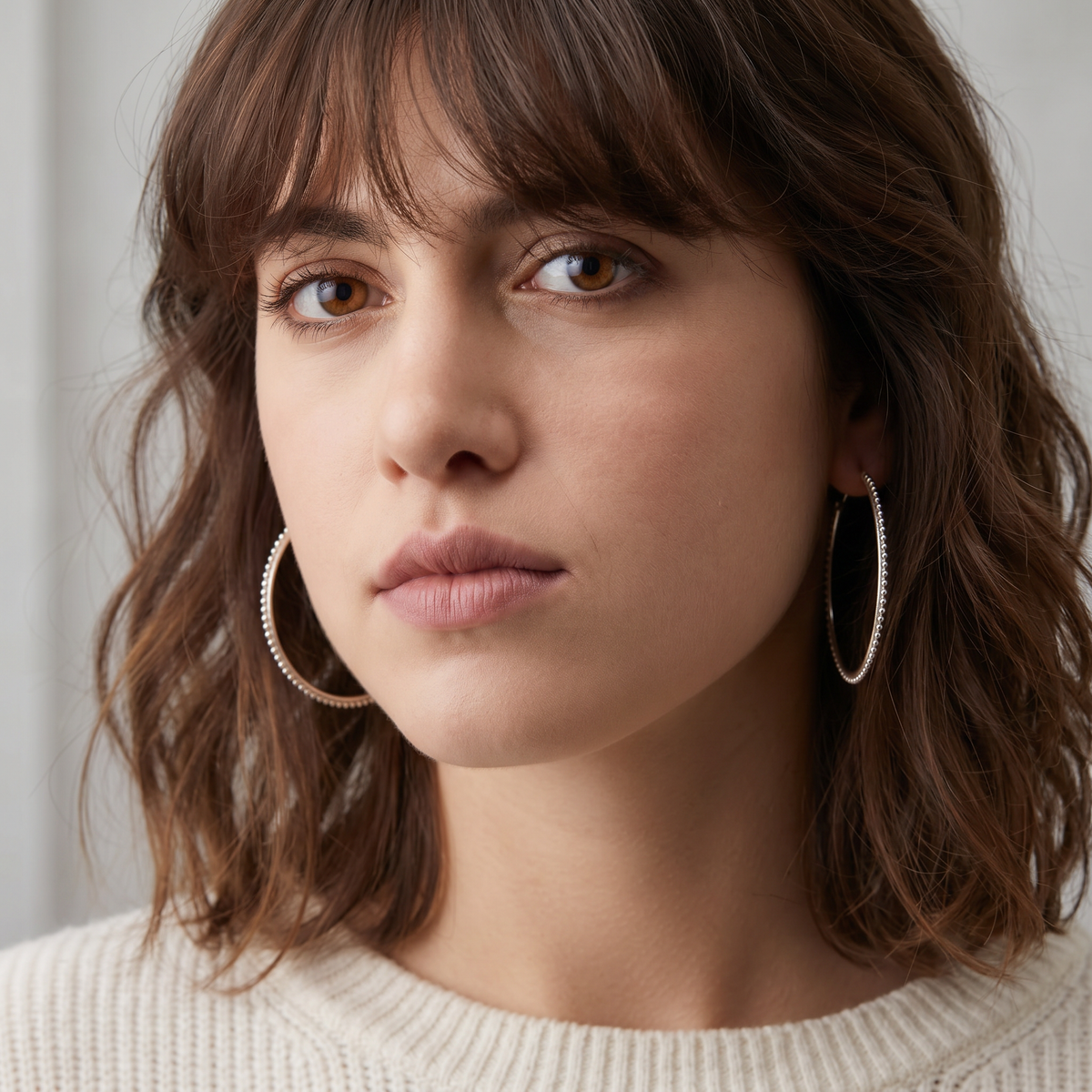 A close-up portrait of a woman with brown hair and large hoop earrings, looking directly at the camera with a serious expression.