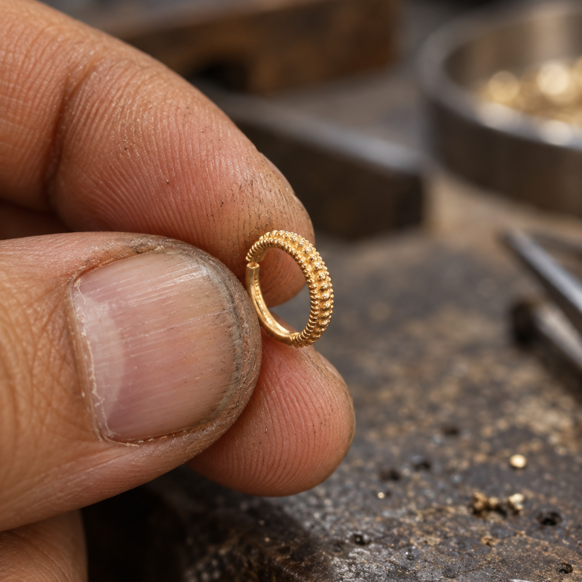 A close-up image of a person's hand holding a small gold-colored ring.
