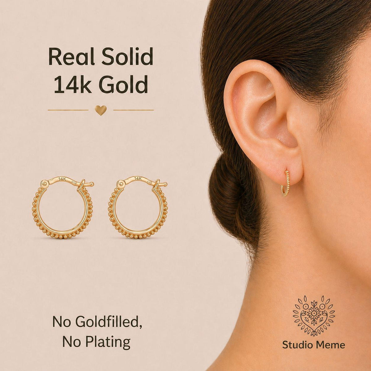 The image is a promotional advertisement for 14k gold earrings. It features a close-up of a woman's ear with the earrings, along with images of the earrings and a description of their features.