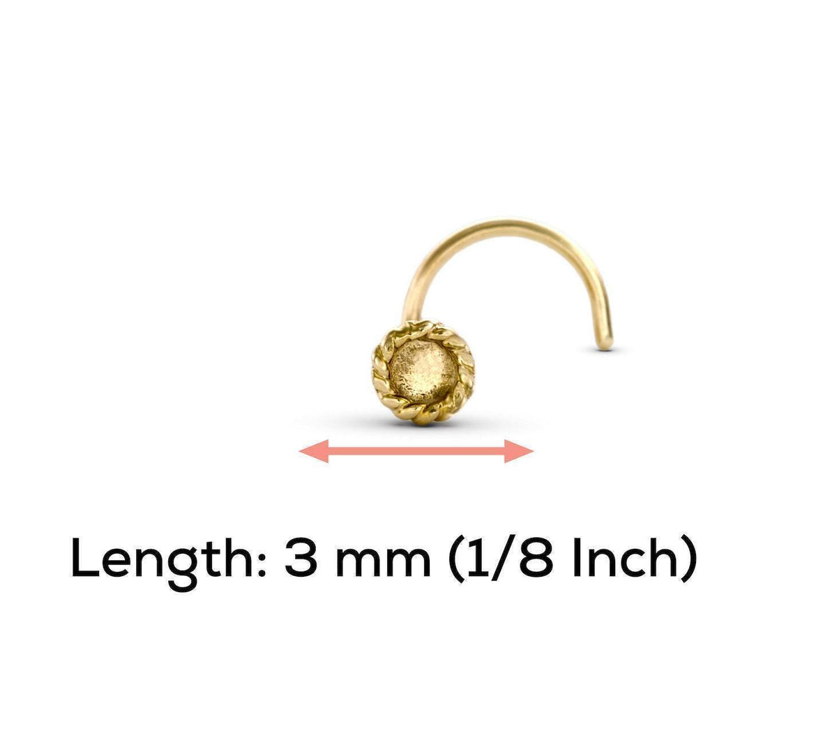 A gold-colored nose ring with a spiral design, and the image provides the length of the nose ring in millimeters, which is 3 mm (1/8 inch).